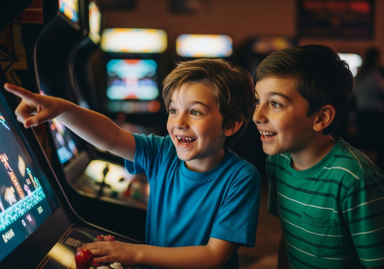 Kids sharing arcade excitement