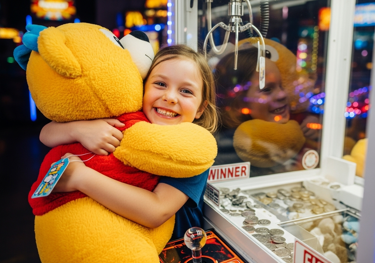 Child holding a won plush toy