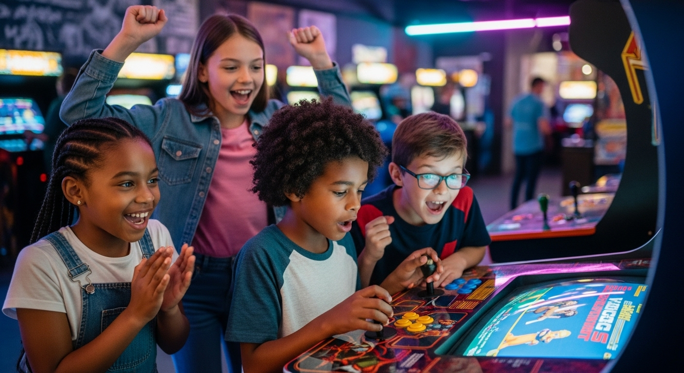 Children enjoying arcade play together