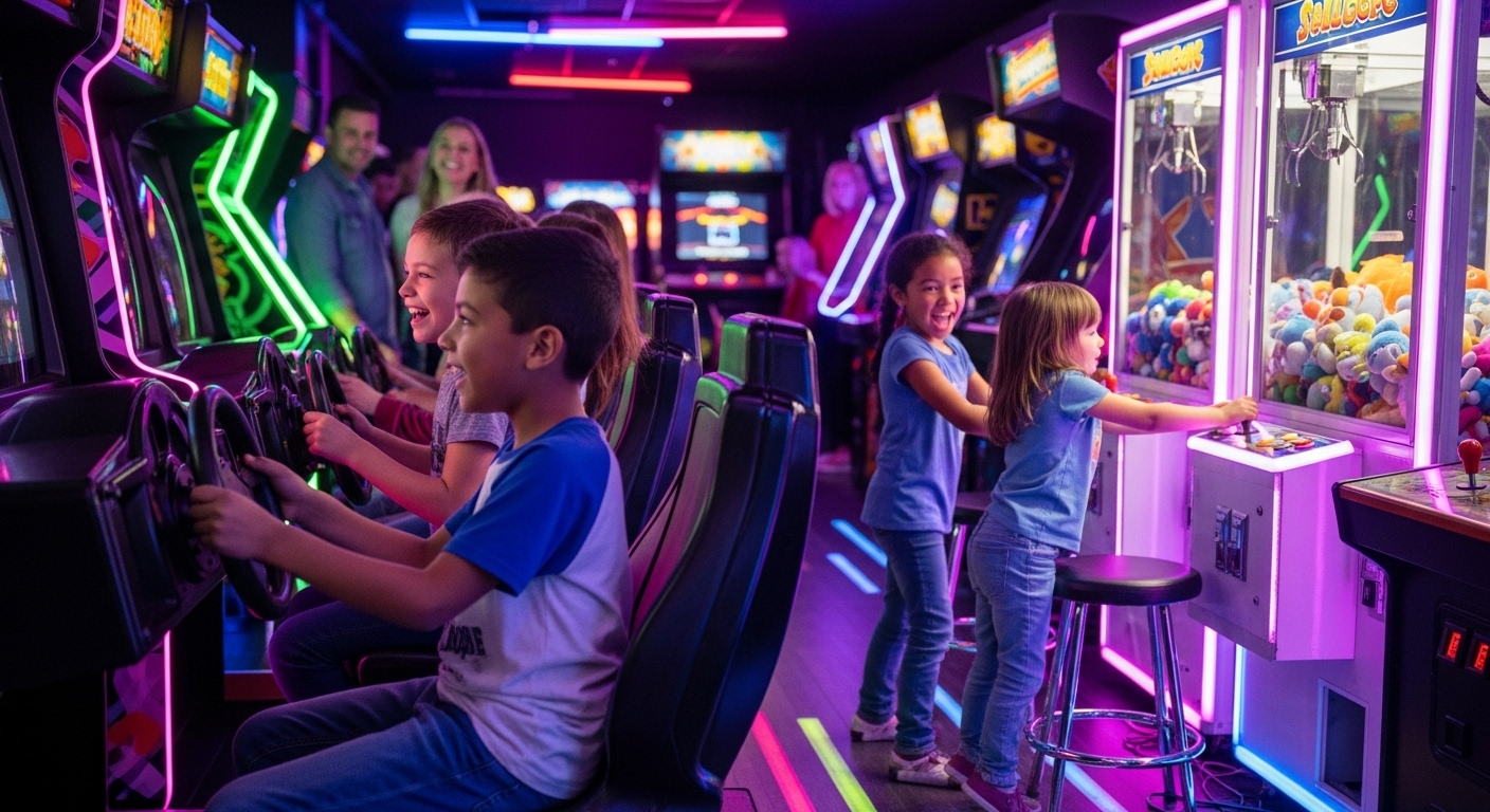 Children playing arcade games together