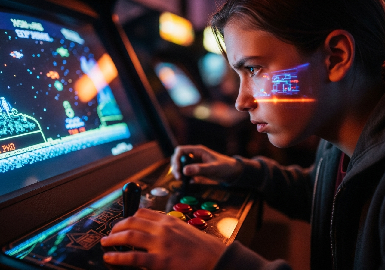 Focused child playing arcade game