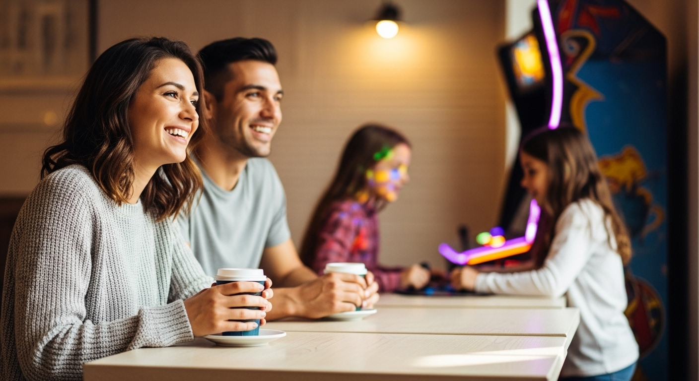Parents enjoying coffee while kids play