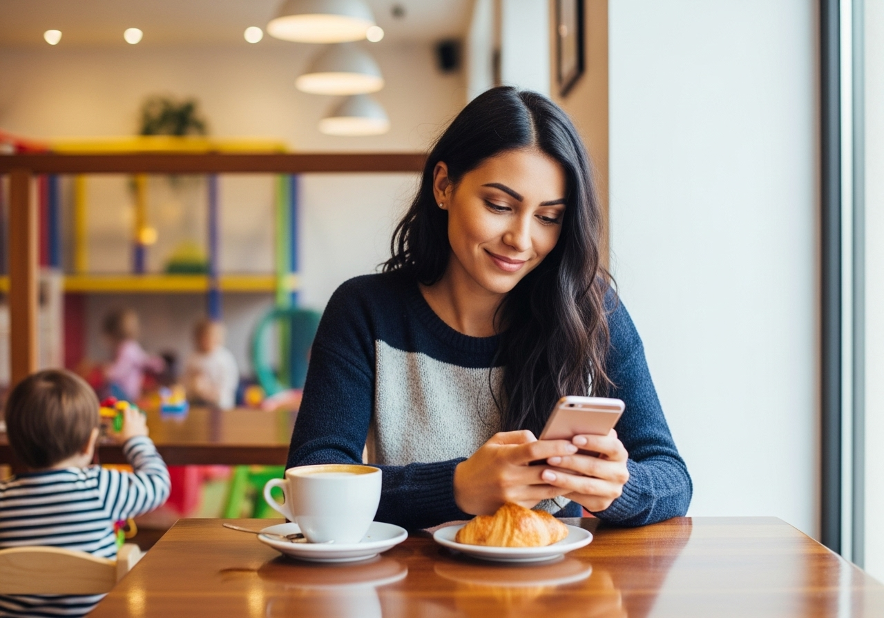 Relaxed parent at cafe while kids are entertained
